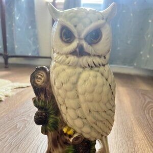 Vintage 10.5" Ceramic Owl Figurine on Wood Base | Large 1970s Woodland Decor